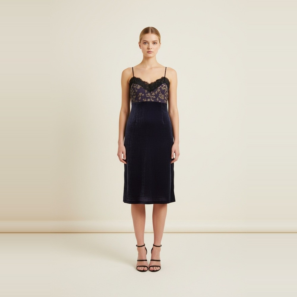 Mystree NWT Velvet Lace Slip Sheath Dress Womens M Navy Purple Print Bodice